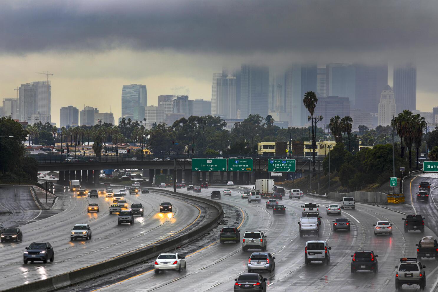 Rain Southland Big Rig Dangles 710 & 60 freeways Los Angeles Traffic